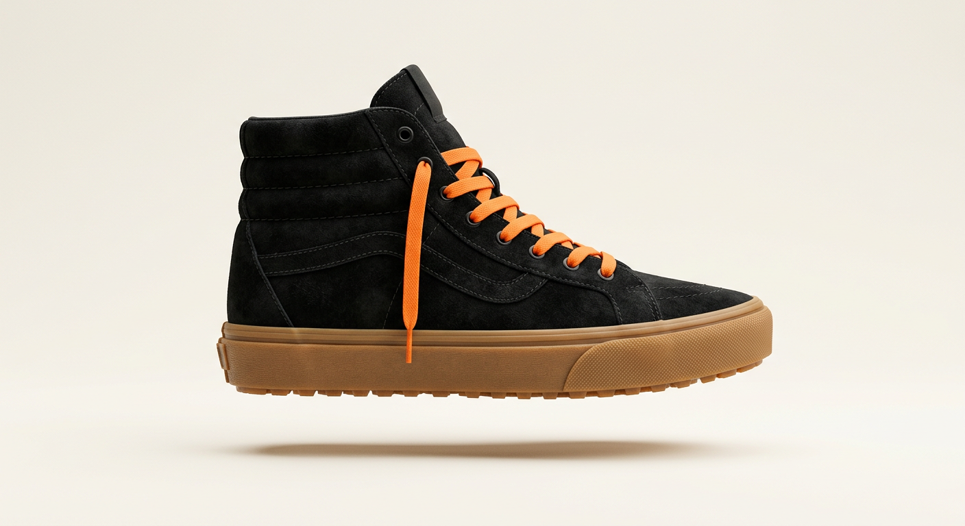 Sample render of the configurator mid-tweak: a black high-top sneaker with orange laces, turned to a side profile
