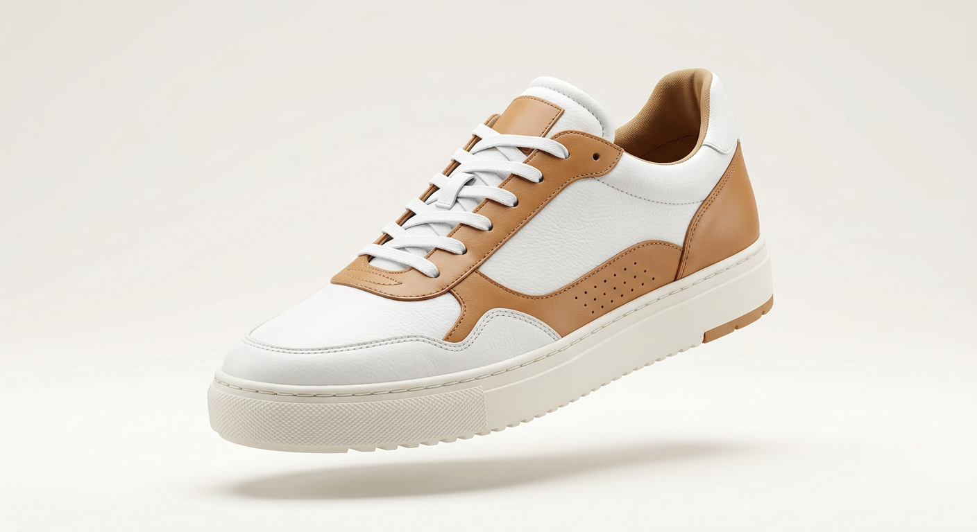 Sample render of a white and tan leather sneaker, as shown embedded inside a brand's own product page